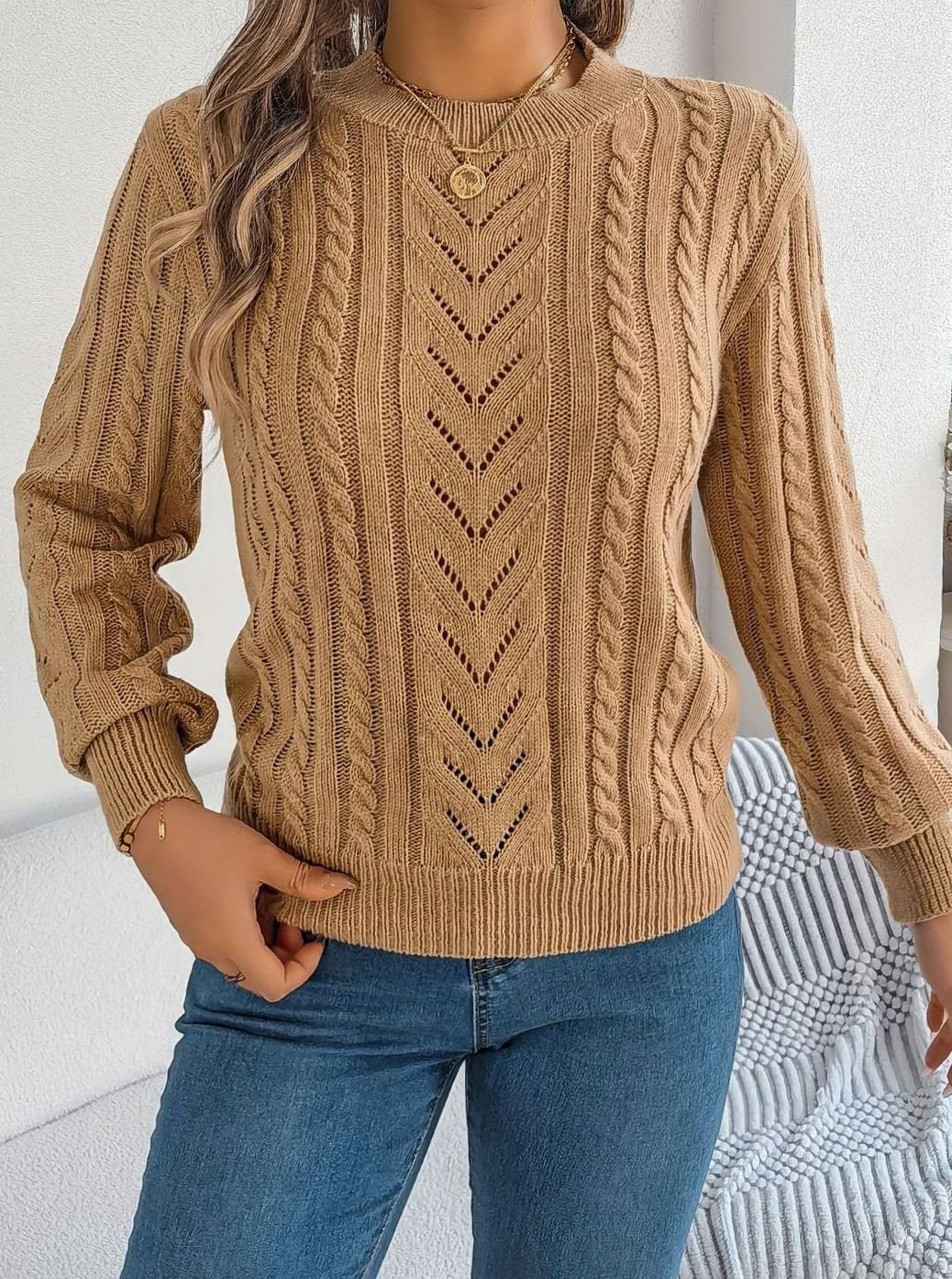 Women's Cable-Knit Openwork Round-Neck Sweater