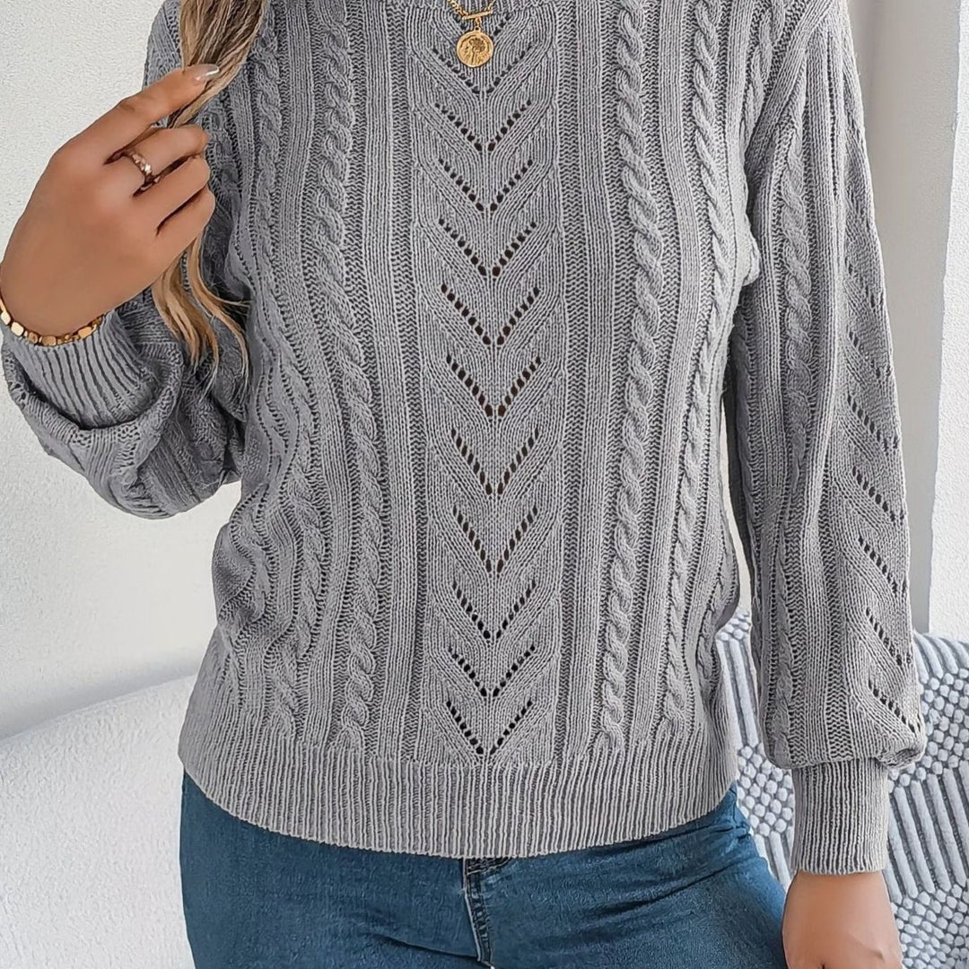 Women's Cable-Knit Openwork Round-Neck Sweater - Gray