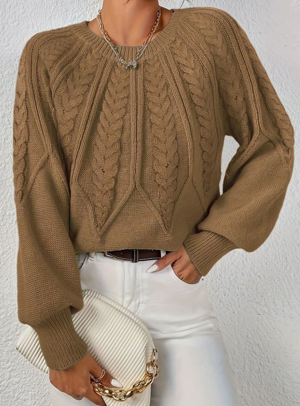 Women's Cable-Knit Round-Neck Raglan Sleeve Sweater