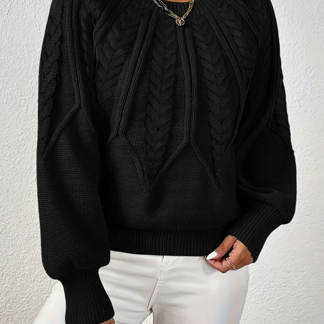 Women's Cable-Knit Round-Neck Raglan Sleeve Sweater - Black
