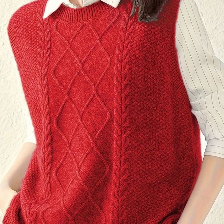 Women's Cable-Knit Round-Neck Sleeveless Sweater Vest - Red