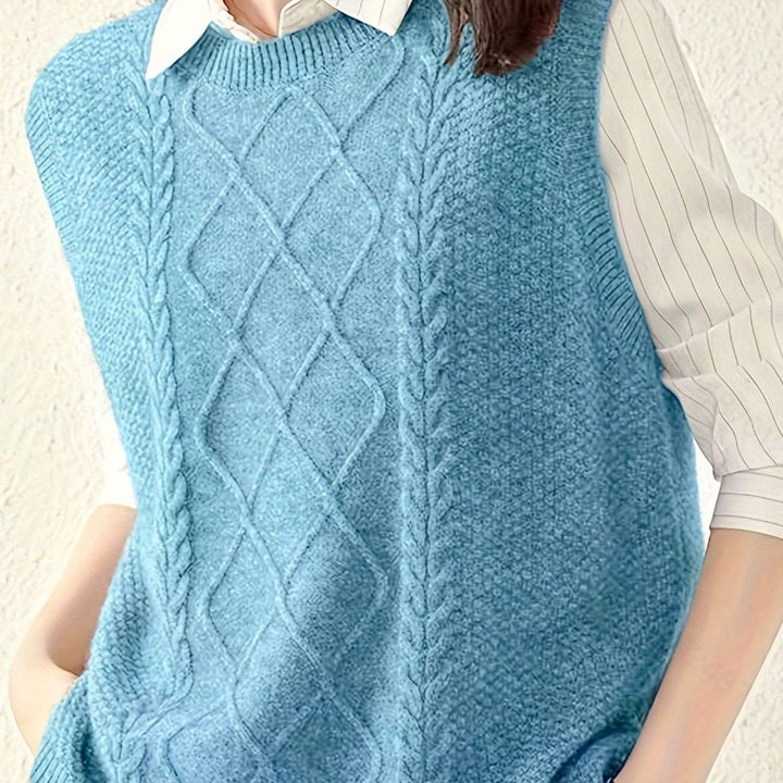 Women's Cable-Knit Round-Neck Sleeveless Sweater Vest - Sky Blue