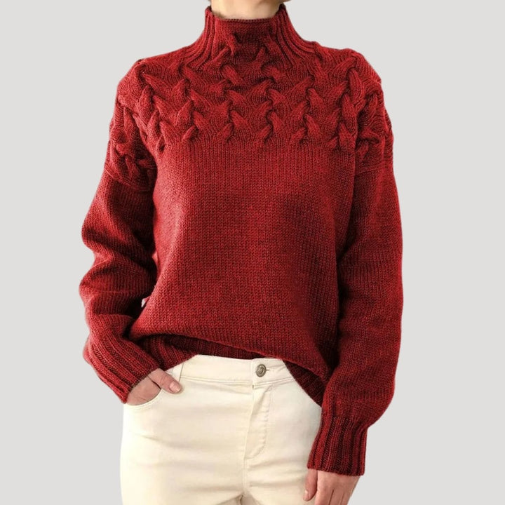 Women's Cable Knit Turtleneck Pullover Sweater - Red