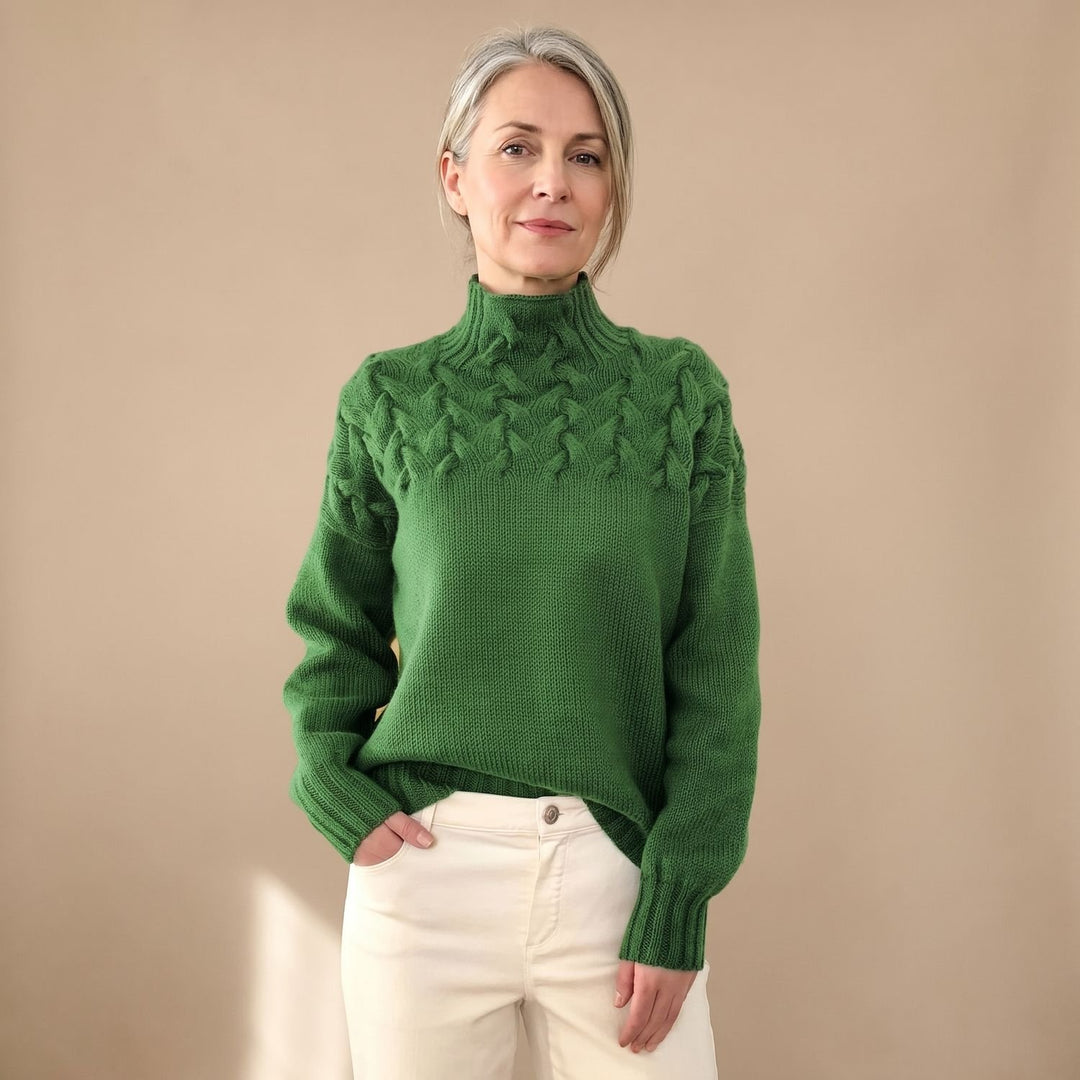 Women's Cable Knit Turtleneck Pullover Sweater, Green - Green