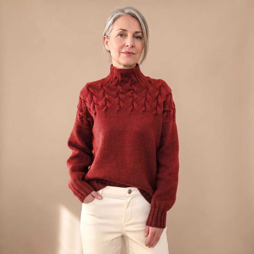 Women's Cable Knit Turtleneck Pullover Sweater, Green - Red