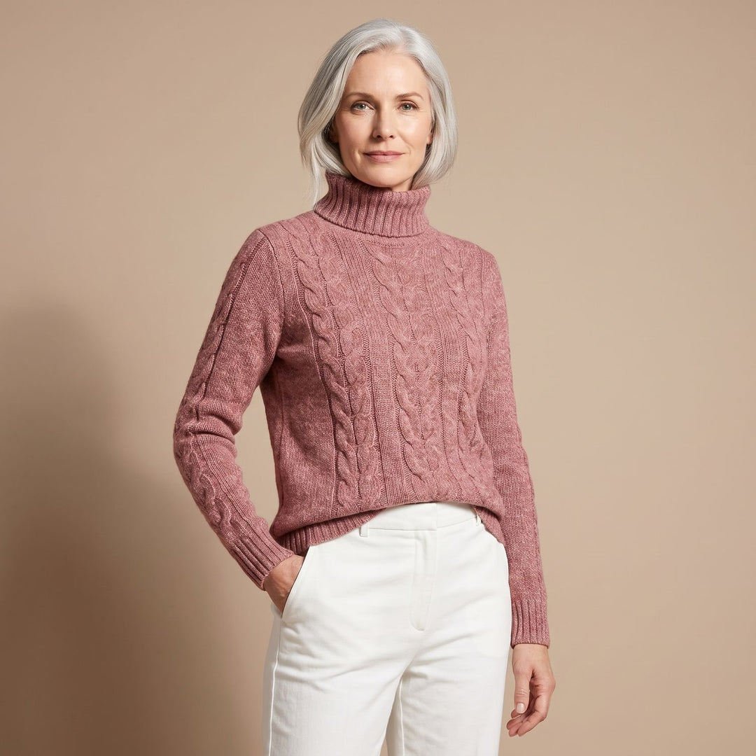 Women's Cable Knit Turtleneck Pullover Sweater, Green - Light Pink