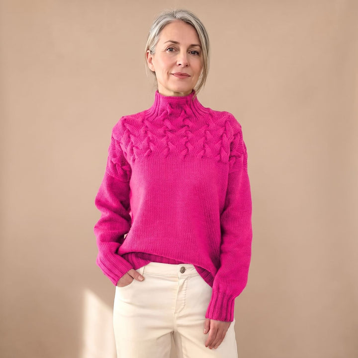 Women's Cable Knit Turtleneck Pullover Sweater, Green - Pink