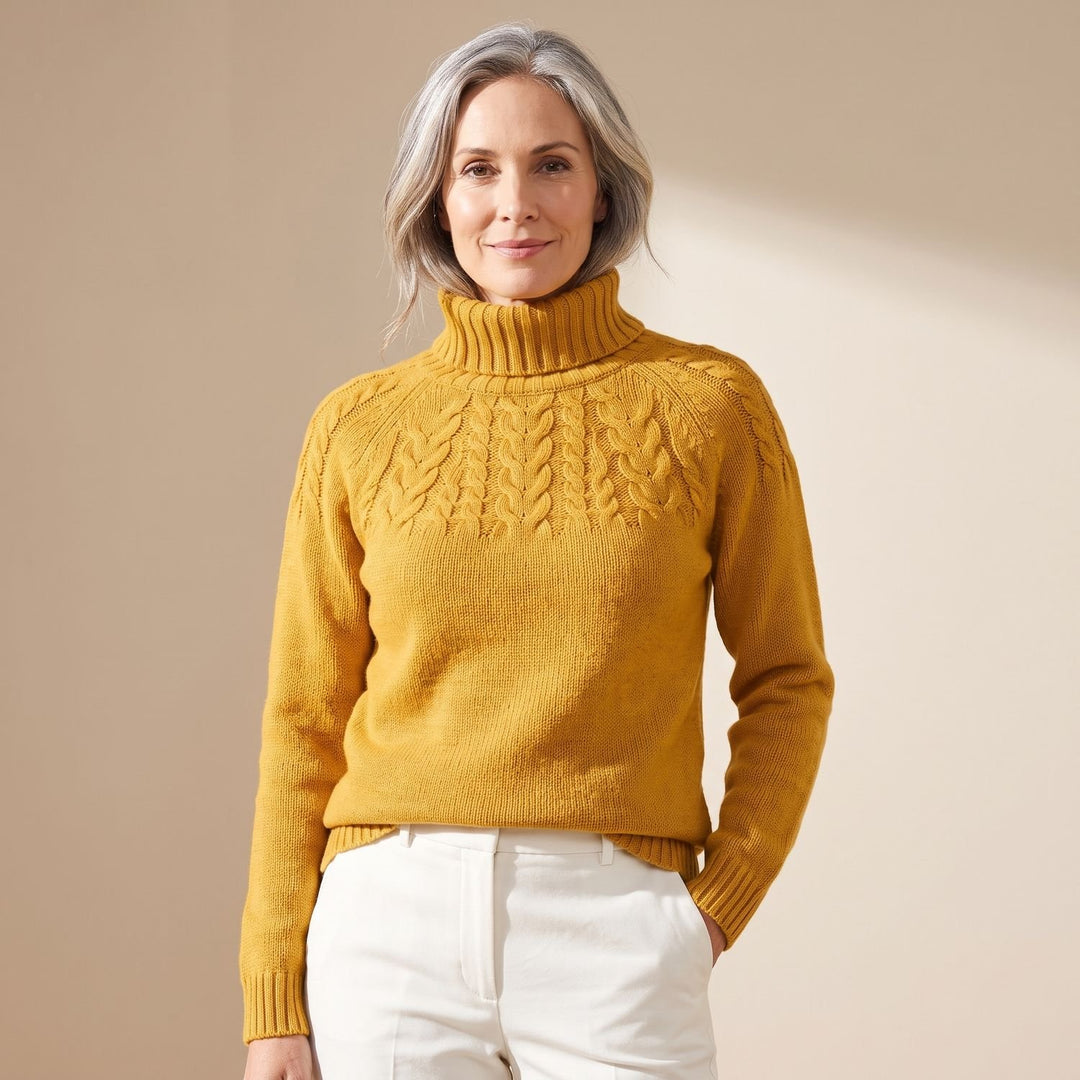 Women's Cable Knit Turtleneck Pullover Sweater, Green - Yellow