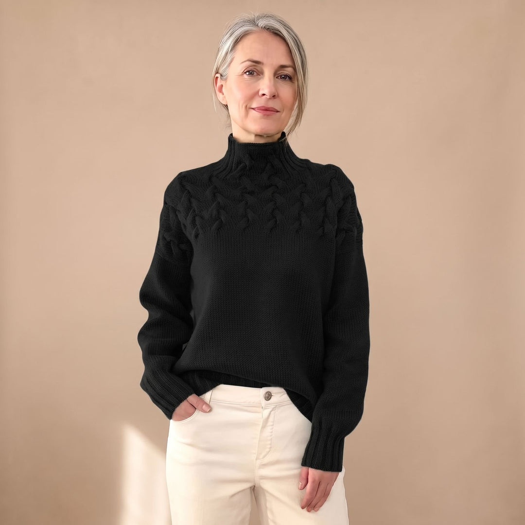 Women's Cable Knit Turtleneck Pullover Sweater, Green - Black