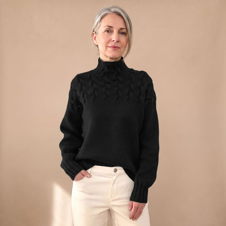 Women's Cable Knit Turtleneck Pullover Sweater, Green - Black