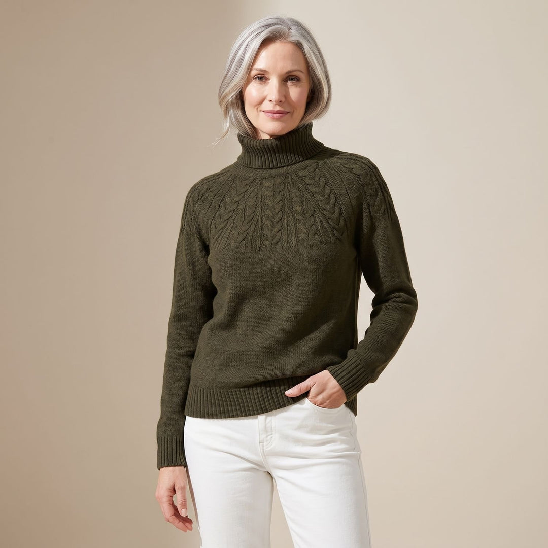 Women's Cable Knit Turtleneck Pullover Sweater, Green - Grey