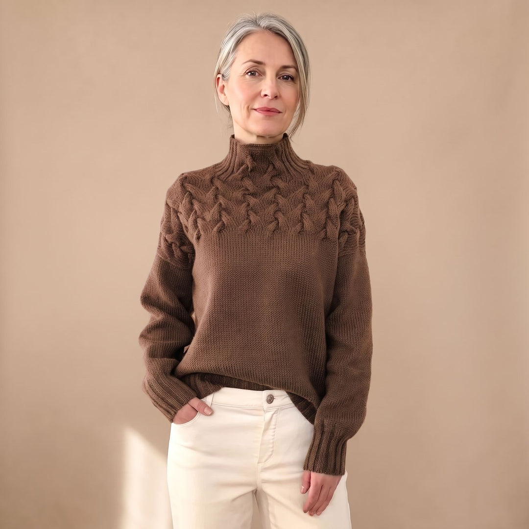 Women's Cable Knit Turtleneck Pullover Sweater, Green - Brown