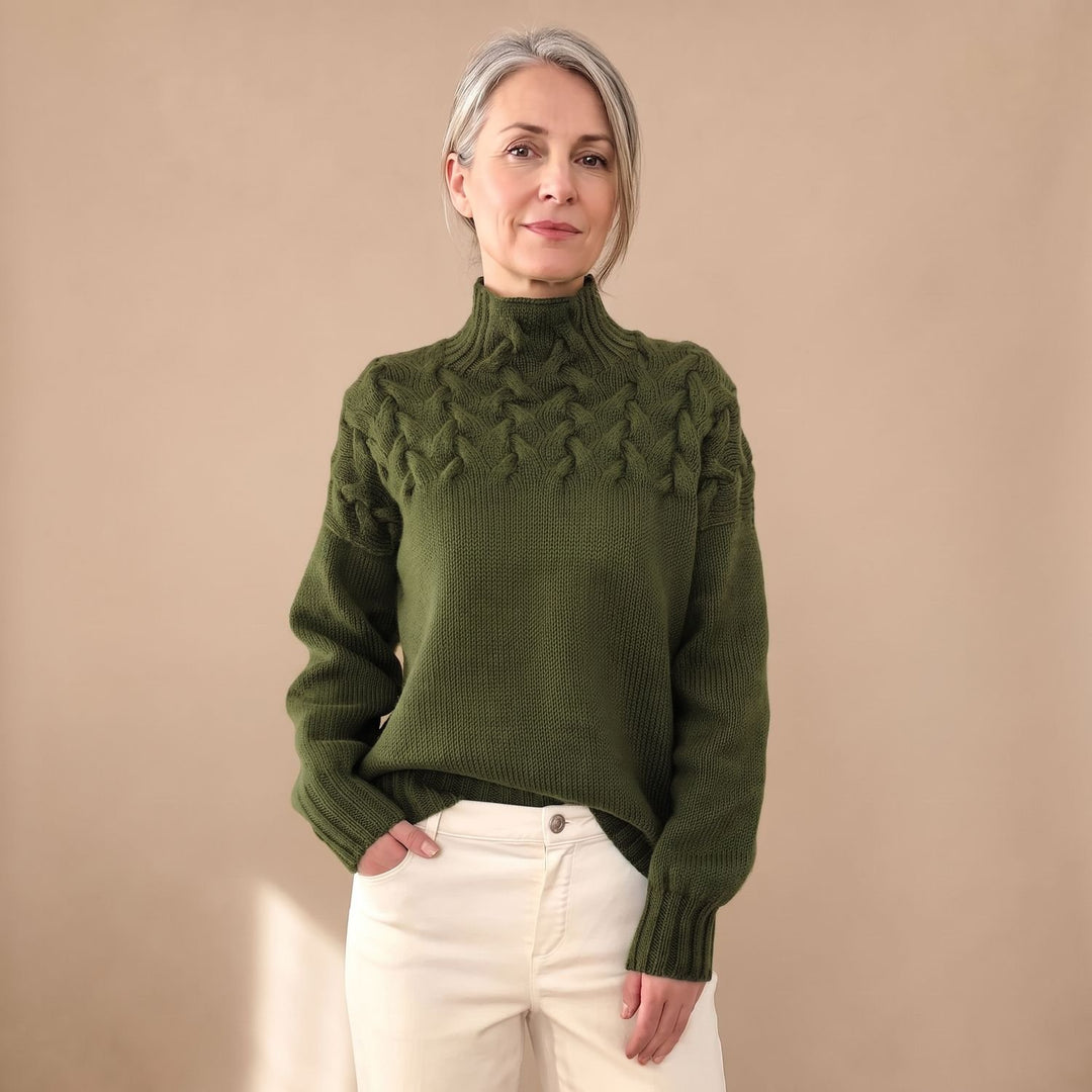 Women's Cable Knit Turtleneck Pullover Sweater, Green - Dark Green