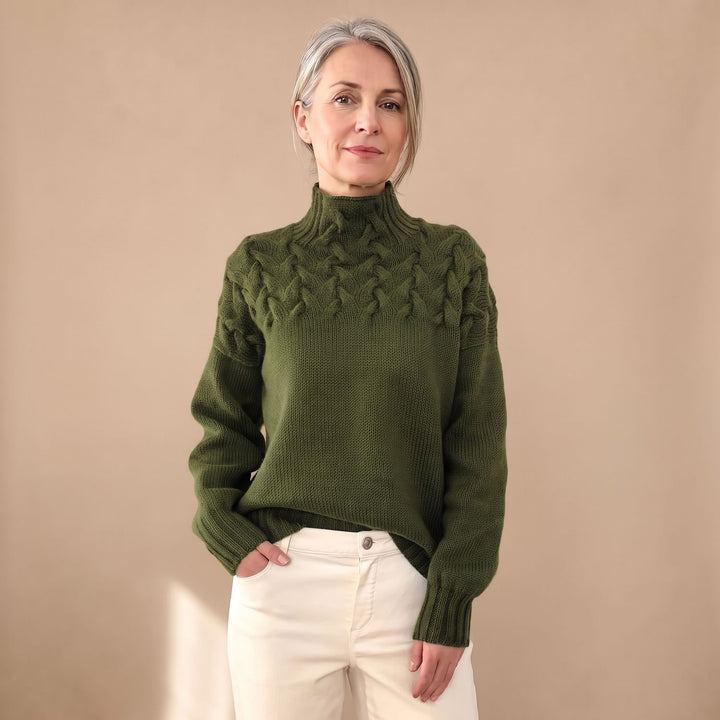 Women's Cable Knit Turtleneck Pullover Sweater, Green - Dark Green