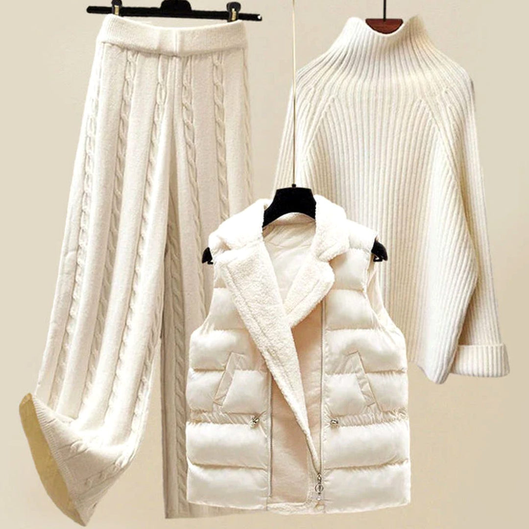 Women's Cable-Knit Turtleneck Sweater Wide-Leg Pants Quilted Vest Loungewear Set - White