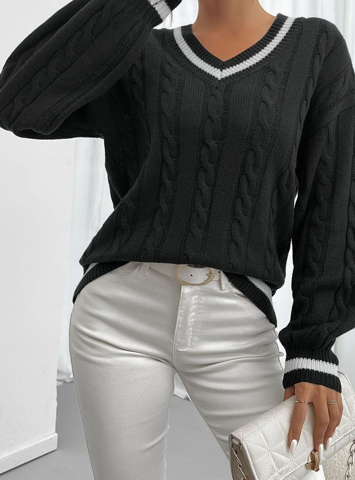 Women's Cable-Knit V-Neck Drop-Shoulder Sweater