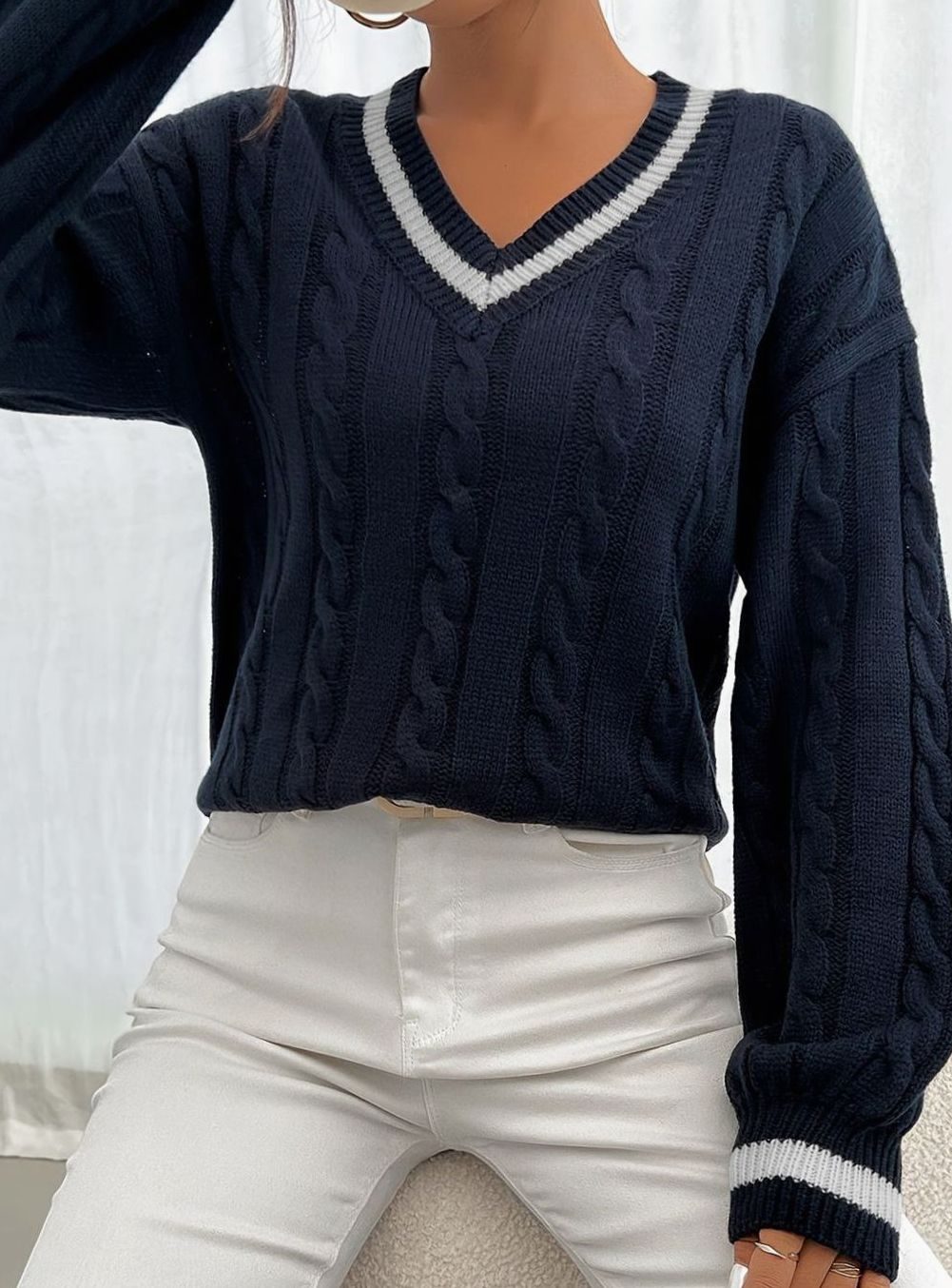 Women's Cable-Knit V-Neck Drop-Shoulder Sweater