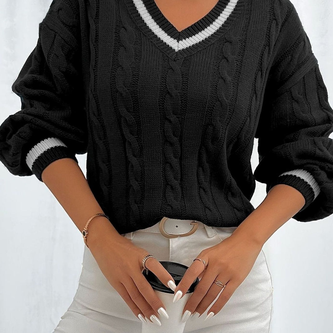 Women's Cable-Knit V-Neck Drop-Shoulder Sweater - Black