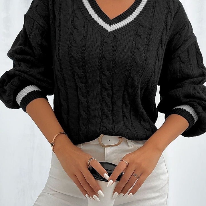 Women's Cable-Knit V-Neck Drop-Shoulder Sweater - Black