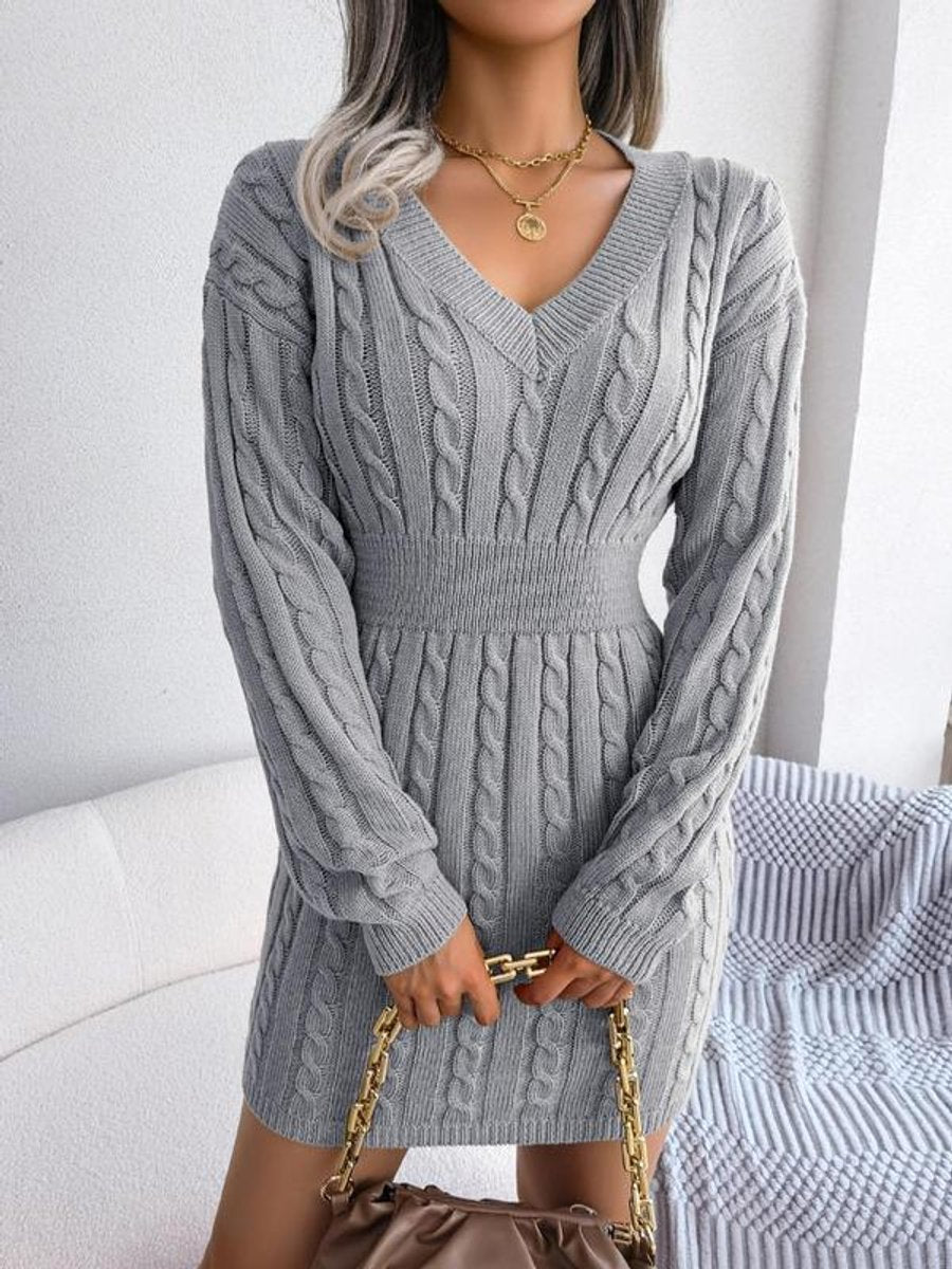 Women's Cable-Knit V-Neck Long Sleeve Formal Dresses Sweater Mini - Grey