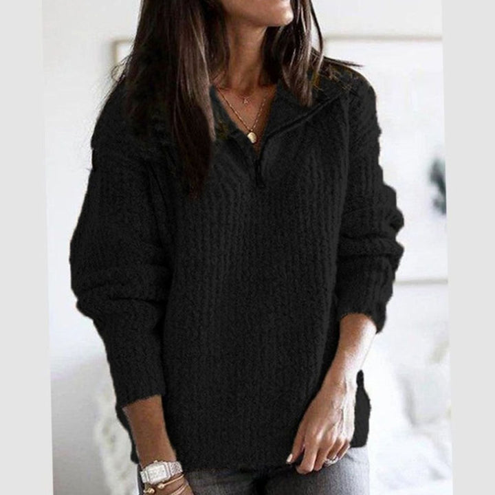 Women's Cable-Knit V-Neck Quarter-Zip Ribbed Sweater - Black