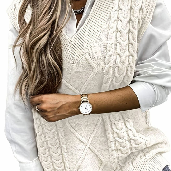 Women's Cable-Knit V-Neck Sweater Vest Relaxed Layering Pullover - Cream