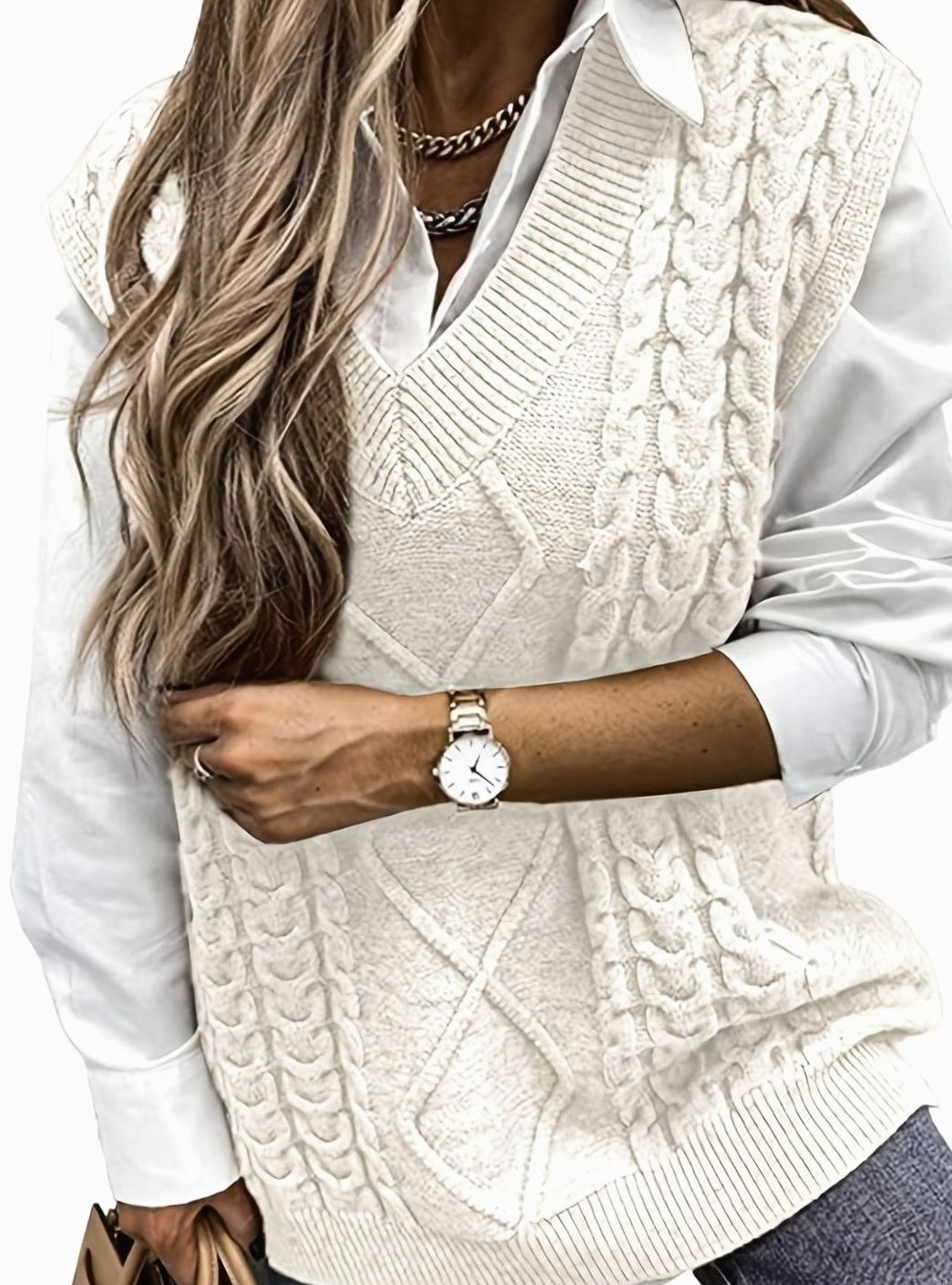 Women's Cable-Knit V-Neck Sweater Vest Relaxed Layering Pullover