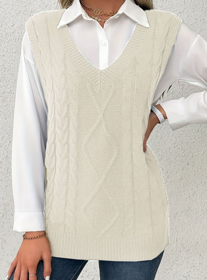 Women's Cable-Knit V-Neck Sweater Vest Relaxed Layering Pullover