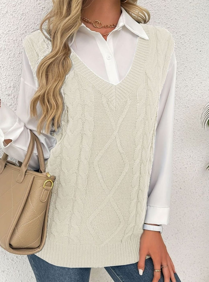 Women's Cable-Knit V-Neck Sweater Vest Relaxed Layering Pullover