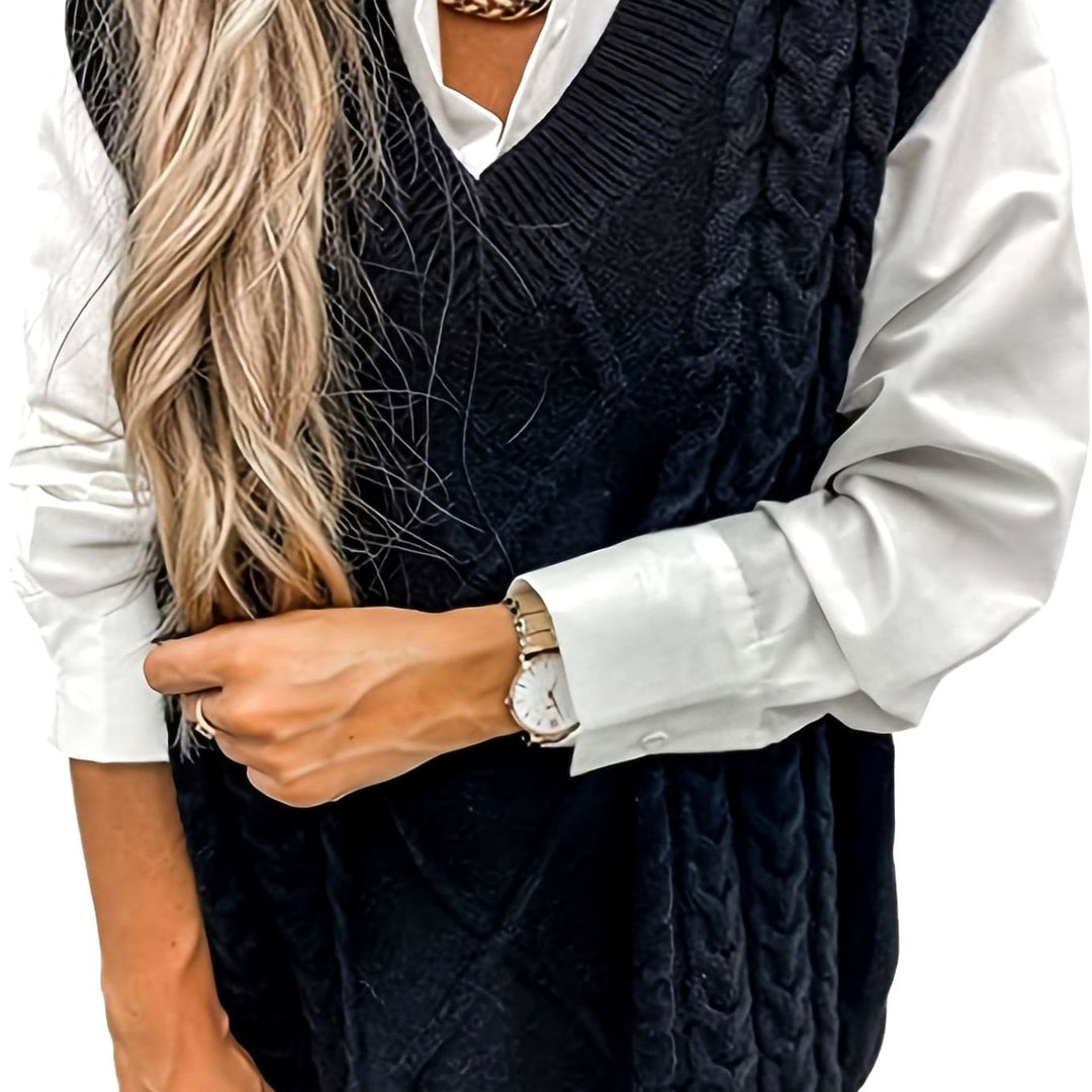 Women's Cable-Knit V-Neck Sweater Vest Relaxed Layering Pullover - Black