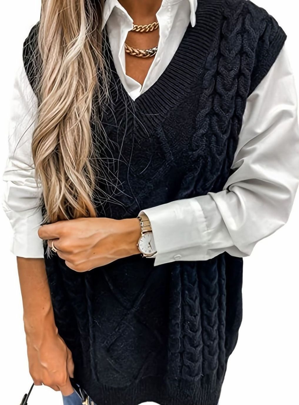 Women's Cable-Knit V-Neck Sweater Vest Relaxed Layering Pullover