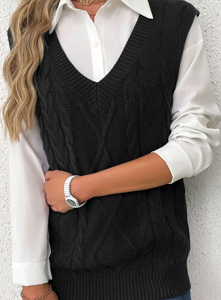 Women's Cable-Knit V-Neck Sweater Vest Relaxed Layering Pullover