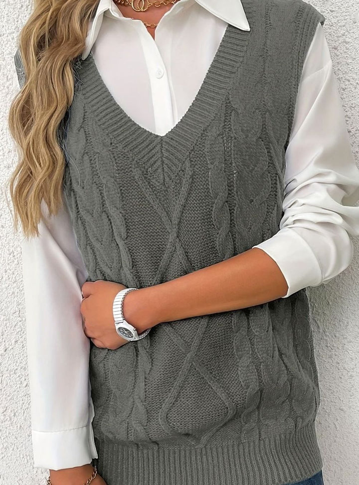 Women's Cable-Knit V-Neck Sweater Vest Relaxed Layering Pullover