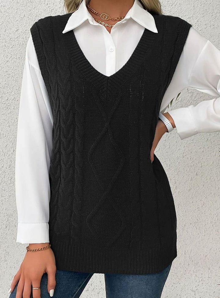 Women's Cable-Knit V-Neck Sweater Vest Relaxed Layering Pullover