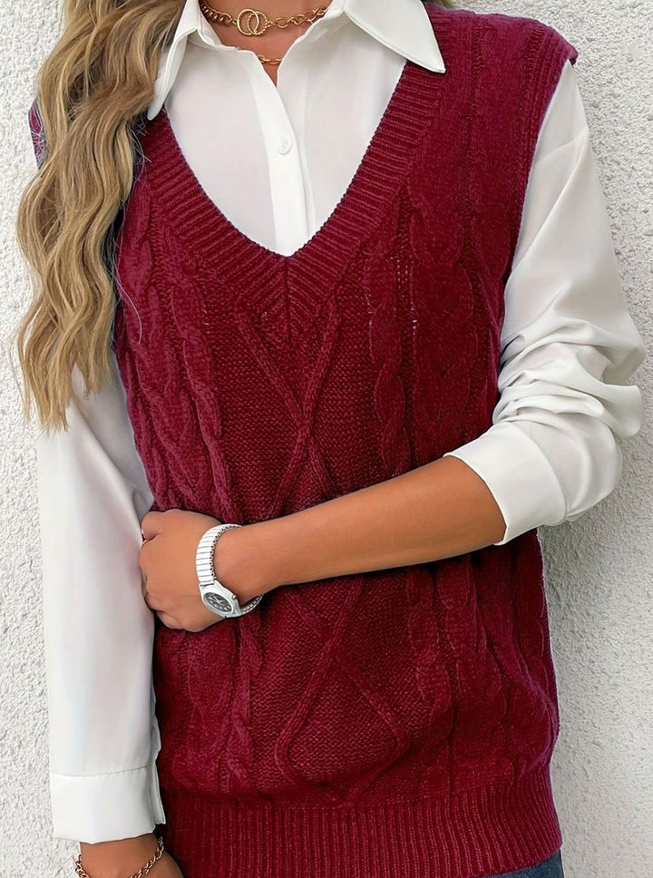 Women's Cable-Knit V-Neck Sweater Vest Relaxed Layering Pullover