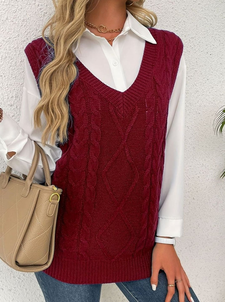 Women's Cable-Knit V-Neck Sweater Vest Relaxed Layering Pullover