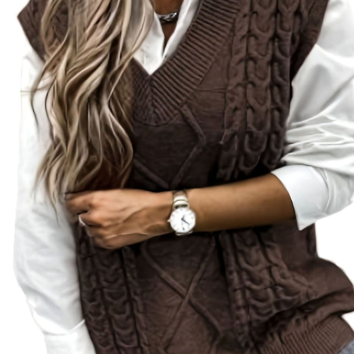 Women's Cable-Knit V-Neck Sweater Vest Relaxed Layering Pullover - Coffee Brown
