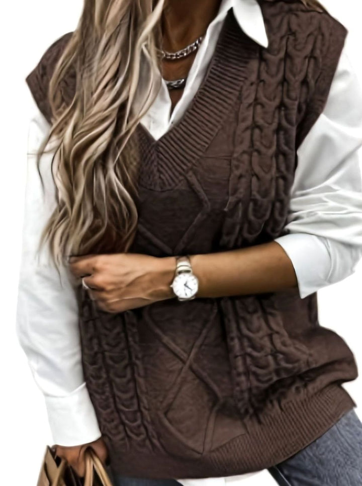 Women's Cable-Knit V-Neck Sweater Vest Relaxed Layering Pullover