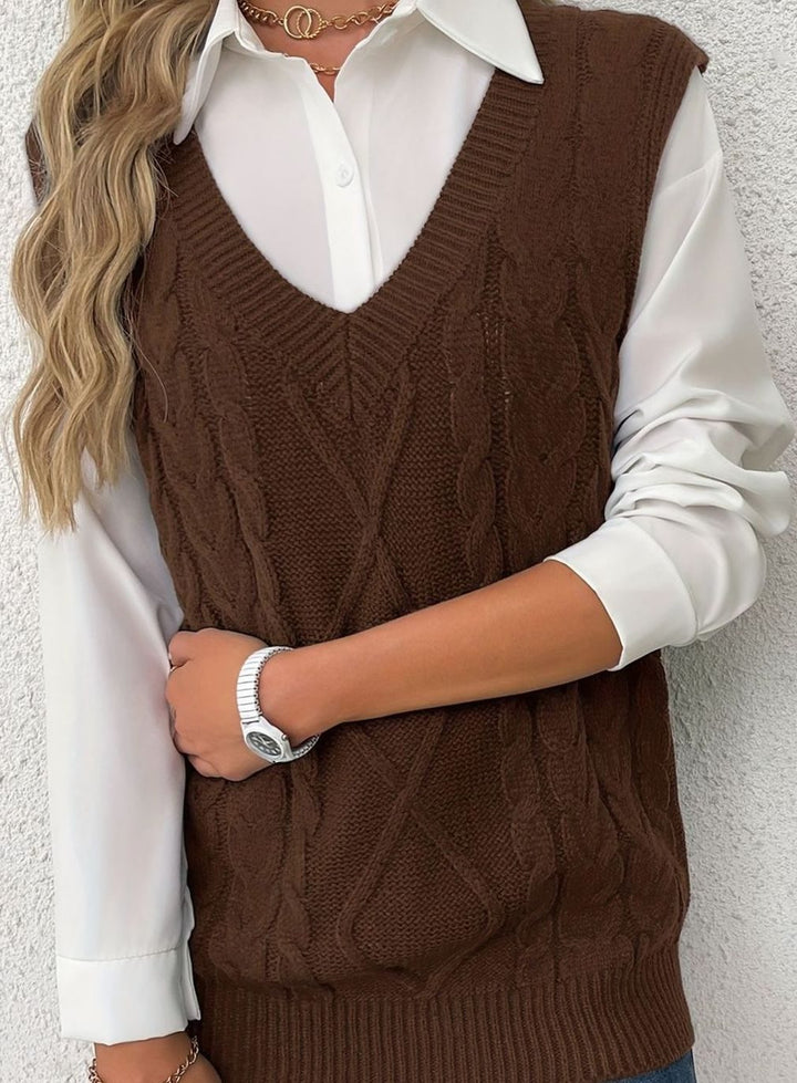Women's Cable-Knit V-Neck Sweater Vest Relaxed Layering Pullover