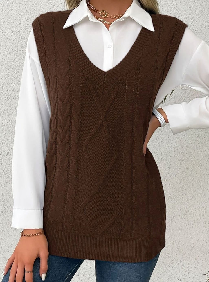 Women's Cable-Knit V-Neck Sweater Vest Relaxed Layering Pullover