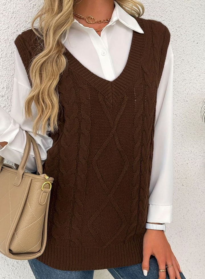 Women's Cable-Knit V-Neck Sweater Vest Relaxed Layering Pullover