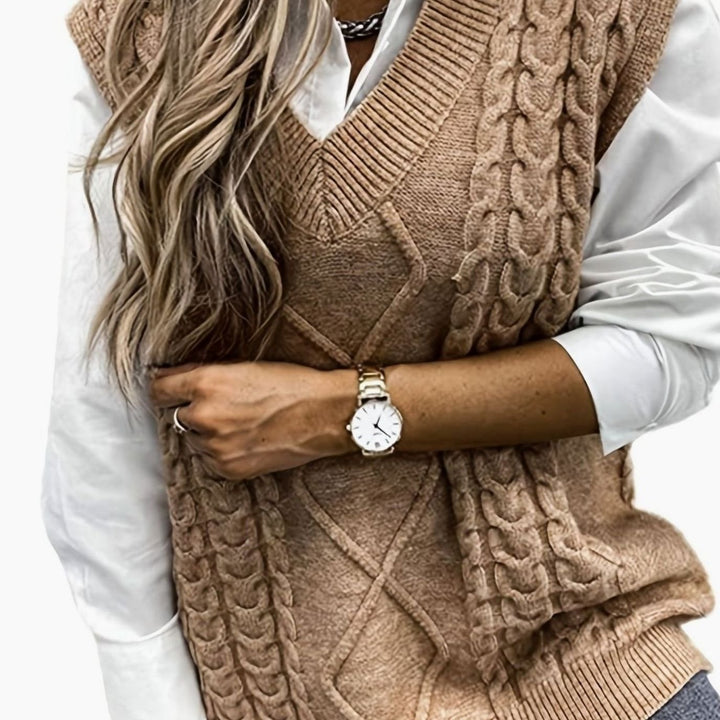 Women's Cable-Knit V-Neck Sweater Vest Relaxed Layering Pullover - Khaki
