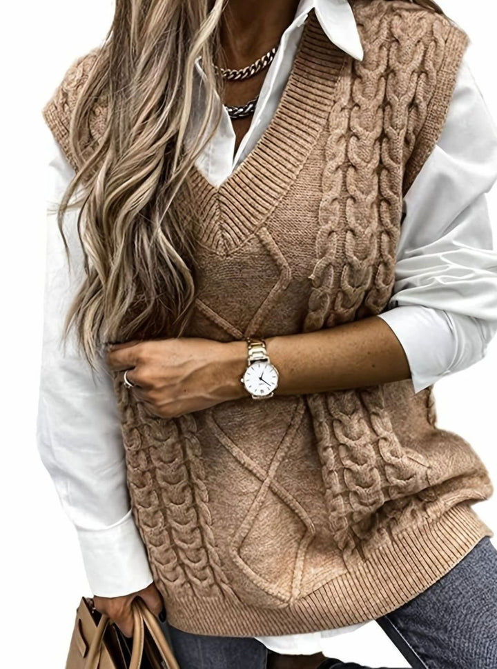 Women's Cable-Knit V-Neck Sweater Vest Relaxed Layering Pullover