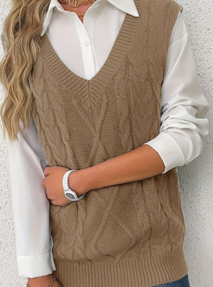 Women's Cable-Knit V-Neck Sweater Vest Relaxed Layering Pullover