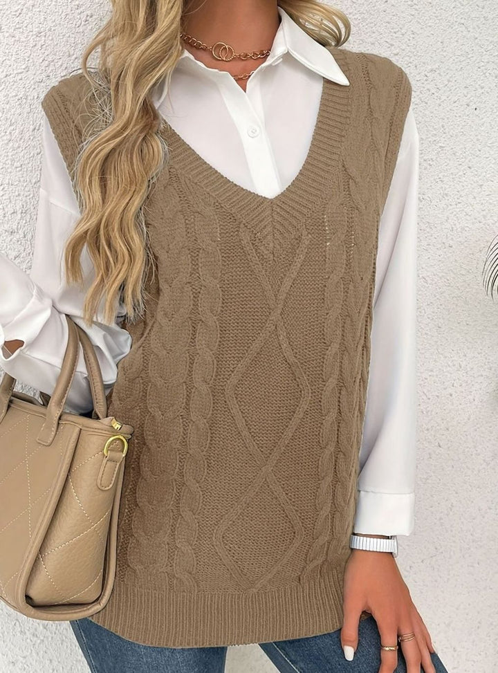 Women's Cable-Knit V-Neck Sweater Vest Relaxed Layering Pullover