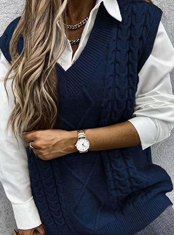 Women's Cable-Knit V-Neck Sweater Vest Relaxed Layering Pullover