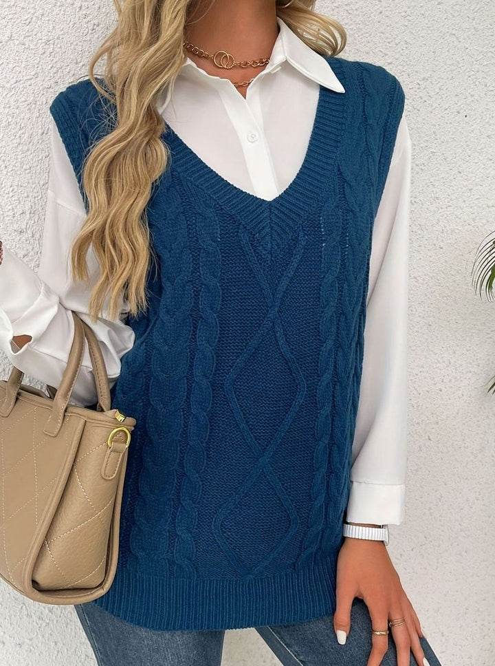 Women's Cable-Knit V-Neck Sweater Vest Relaxed Layering Pullover
