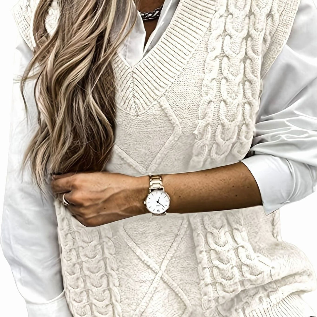 Women's Cable-Knit V-Neck Sweater Vest Relaxed Layering Pullover - Milky White