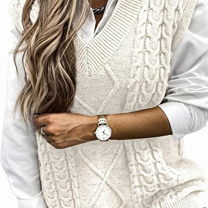 Women's Cable-Knit V-Neck Sweater Vest Relaxed Layering Pullover - Milky White
