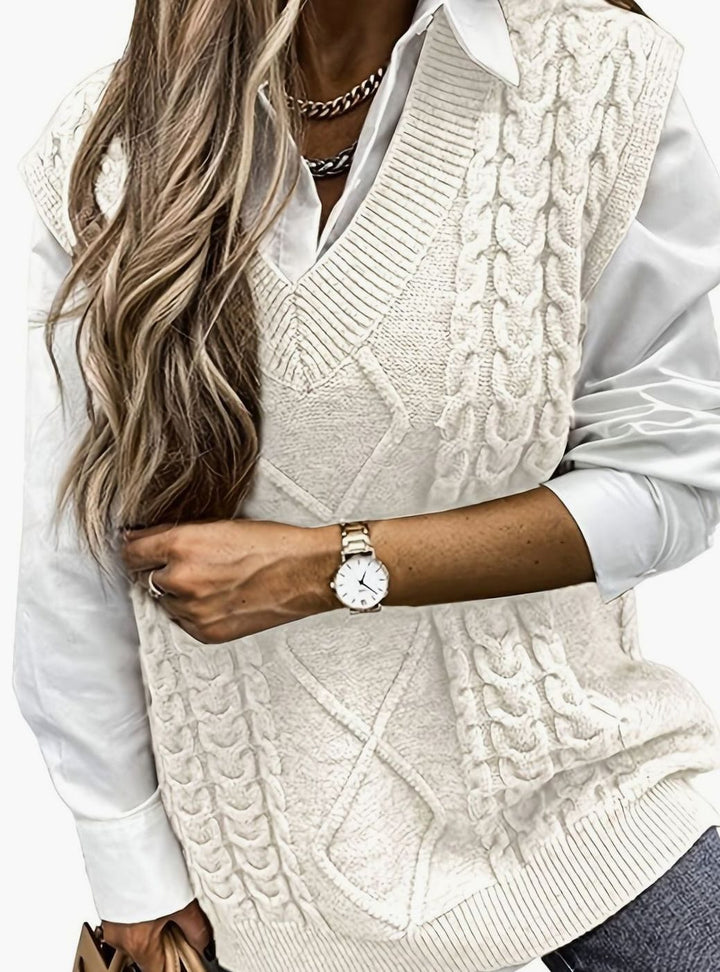 Women's Cable-Knit V-Neck Sweater Vest Relaxed Layering Pullover
